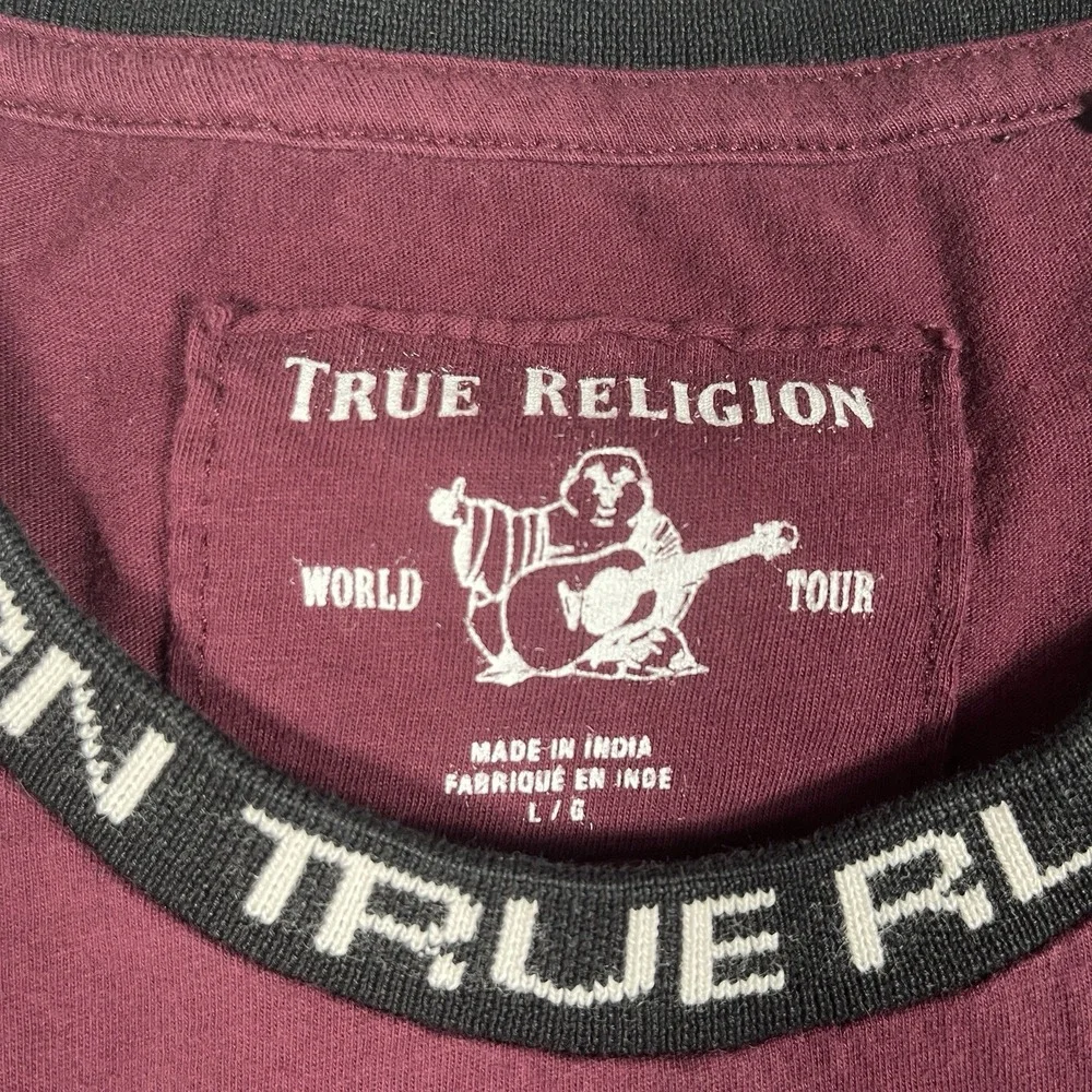 True Religion Mens T Shirt Size L Large Maroon Red Jacquard Rib Logo Collar Crew